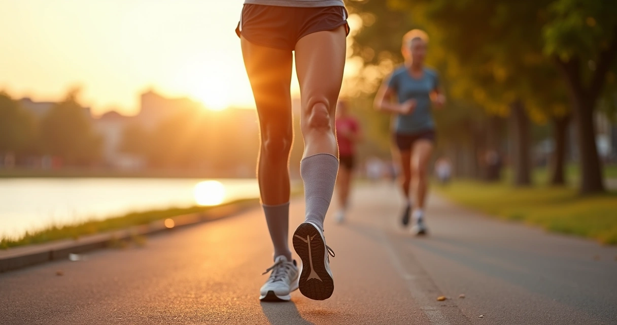 Mulher correndo em ciclovia ao pôr do sol com foco nas pernas saudáveis. 