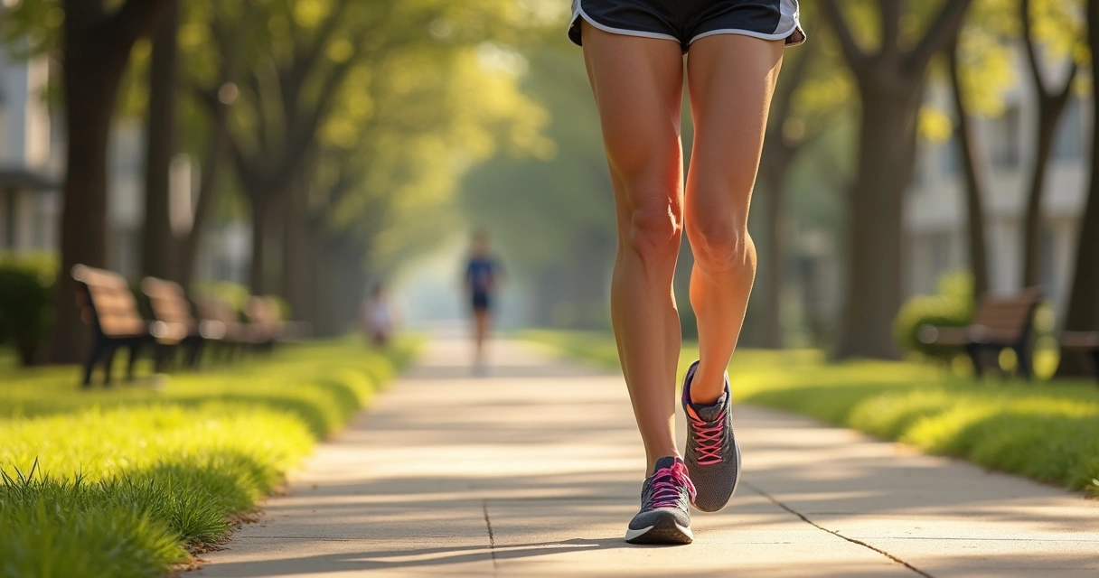Mulher adulta correndo em parque de Campinas com destaque discreto para as pernas. 