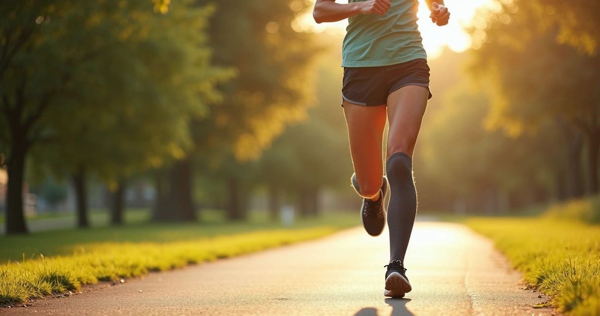 Mulher correndo ao ar livre com meias de compressão 