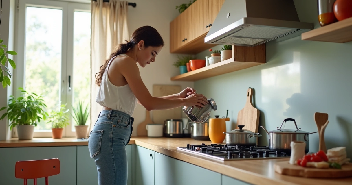 Mulher limpando filtro de depurador de ar na cozinha 