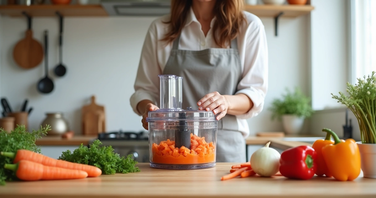 Mulher usando processador de alimentos na cozinha 