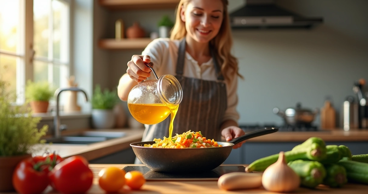 Mulher adicionando azeite de dendê em panela com legumes 