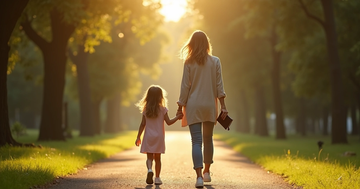 Mulher adulta caminhando de mãos dadas com uma criança em parque arborizado 