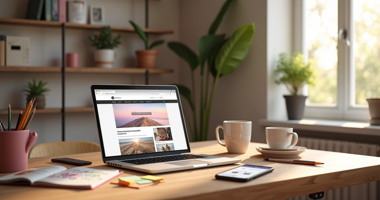 Mulher monta blog em notebook sobre mesa organizada com itens coloridos 