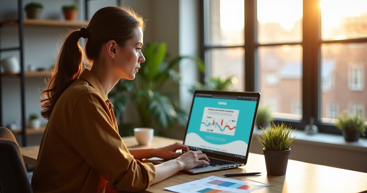 Mulher trabalhando em criação de material de venda no Canva 