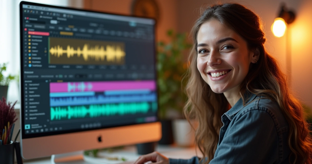 Mulher sorrindo em frente ao notebook editando áudio com gráficos coloridos na tela