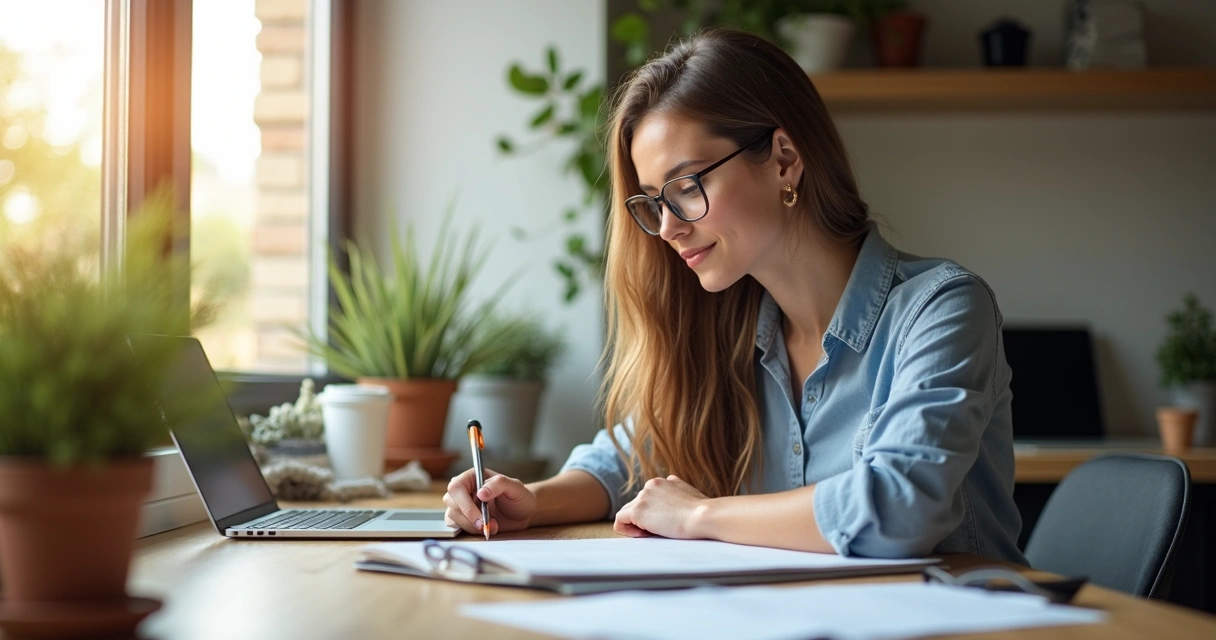 Mulher escrevendo em notebook com caderno de anotações ao lado 