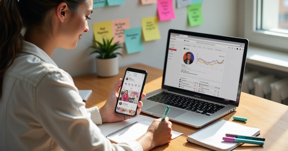 Mulher sentada em mesa escrevendo ideias para conteúdos de Instagram