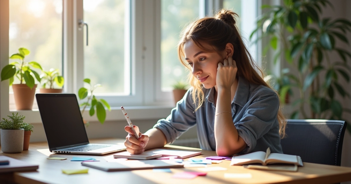 Mulher executando tarefa de criação de conteúdo digital em ambiente moderno com notebook e smartphone ao lado