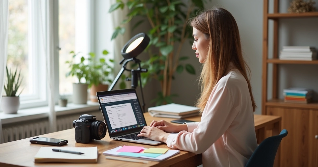 Mulher gravando curso online em home office com computador e câmera 