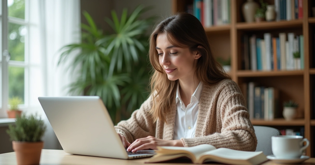 Mulher digitando em notebook com bloquinho de anotações do lado 