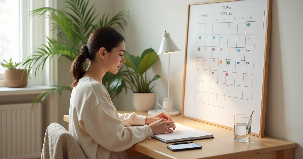 Mulher marcando progresso de hábito com calendário colorido na parede 