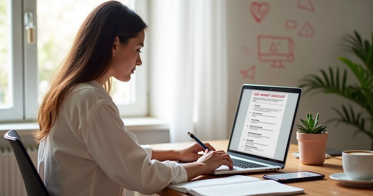 Mulher organizando checklist de isca digital em laptop e caderno 