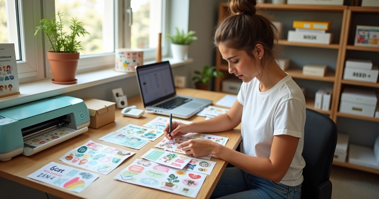 Empreendedora organizando adesivos coloridos em mesa de trabalho caseira 