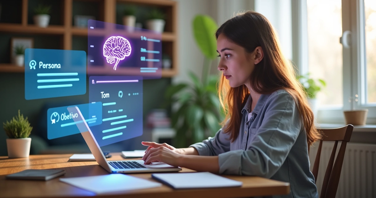 Mulher digitando prompts de IA no notebook com interface de chat na tela 