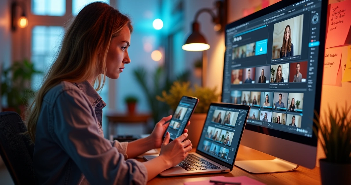 Woman editing short videos on mobile phone and computer 