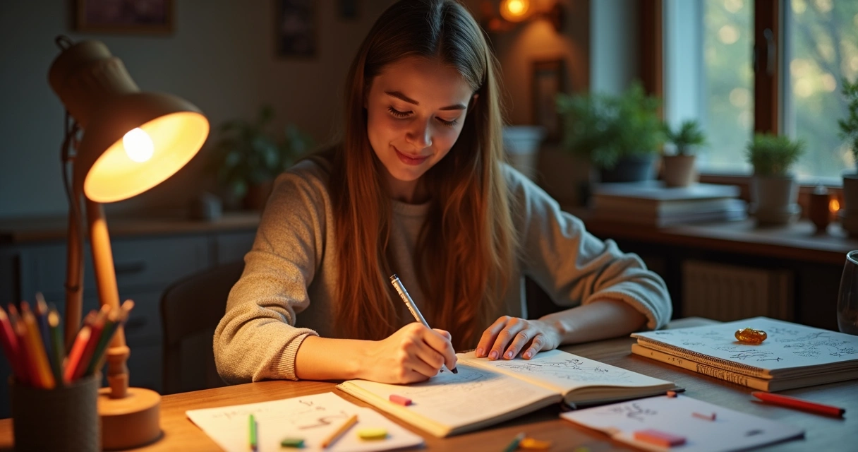 Mulher segurando citrino enquanto escreve em caderno 