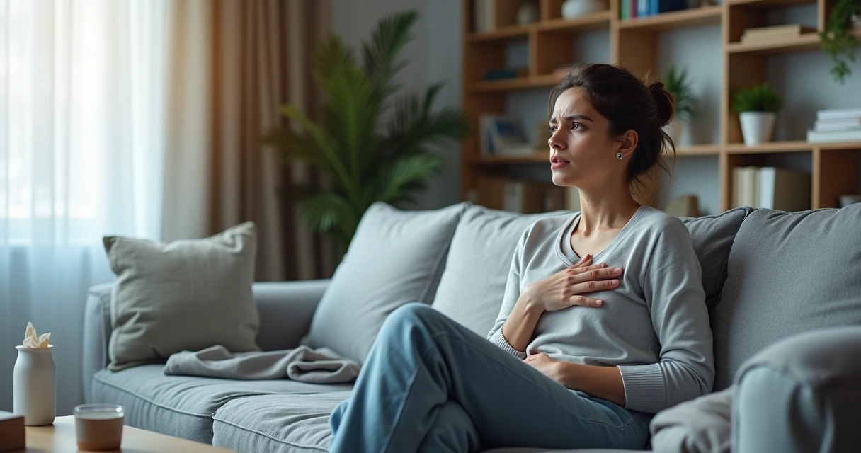 Mulher sentada no sofá com expressão de ansiedade levando a mão ao peito 