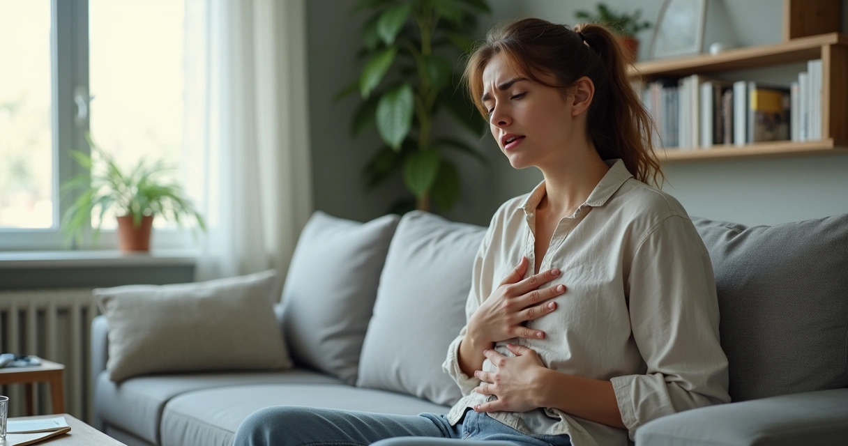 Mulher sentada no sofá com ansiedade segurando o peito e respirando fundo 