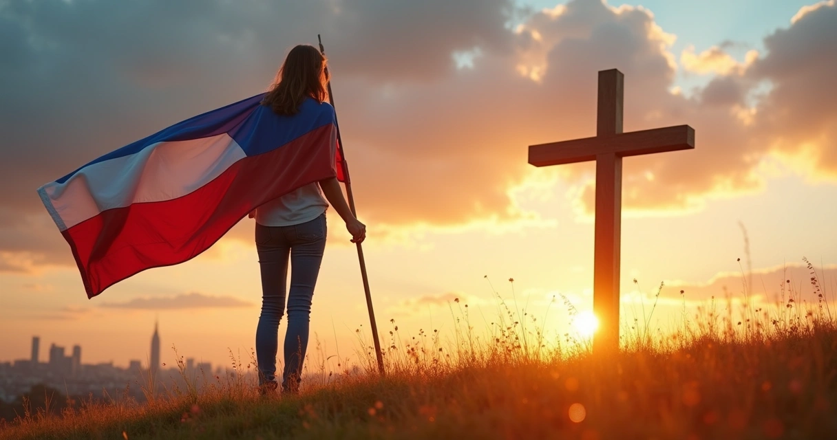 Mulher cristã segurando bandeira e olhando para cruz luminosa ao entardecer 