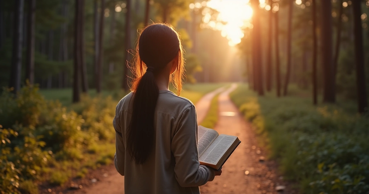 Mulher contemplando dois caminhos em bifurcação iluminada por luz suave 