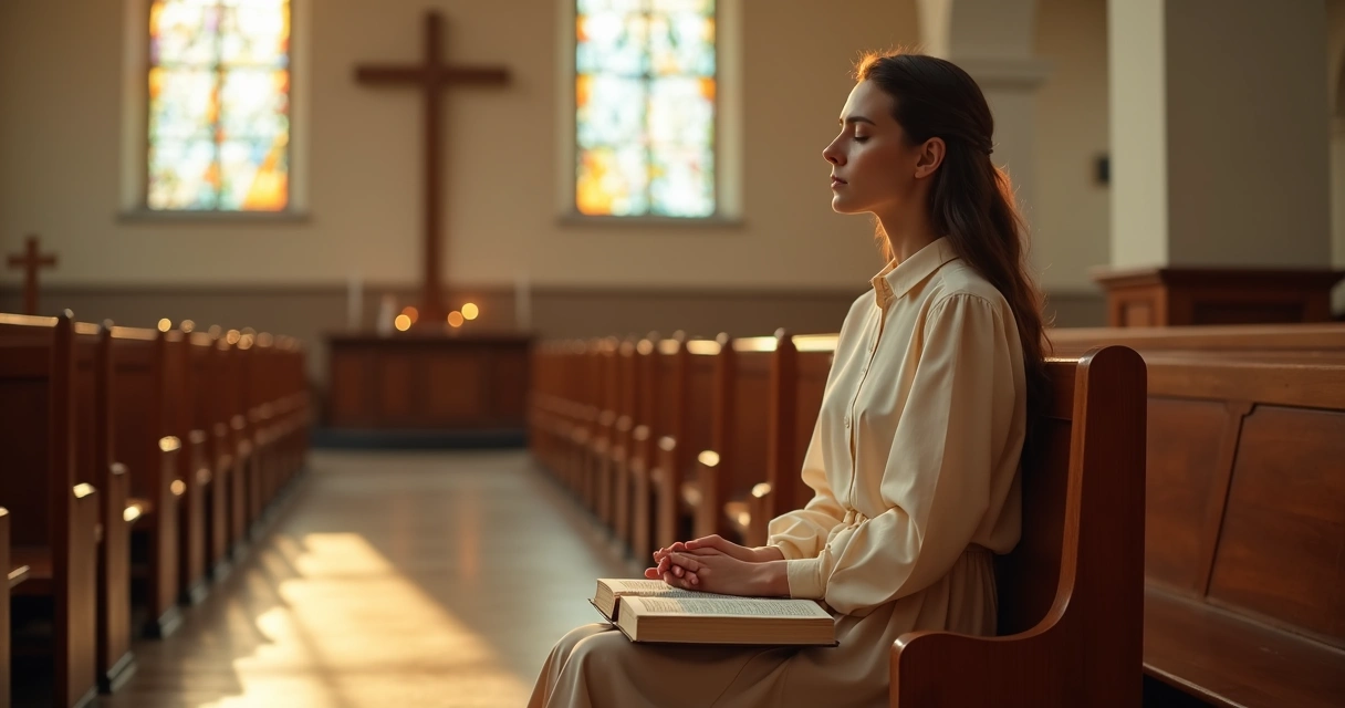 Mulher cristã jovem em oração sozinha em um banco de igreja 