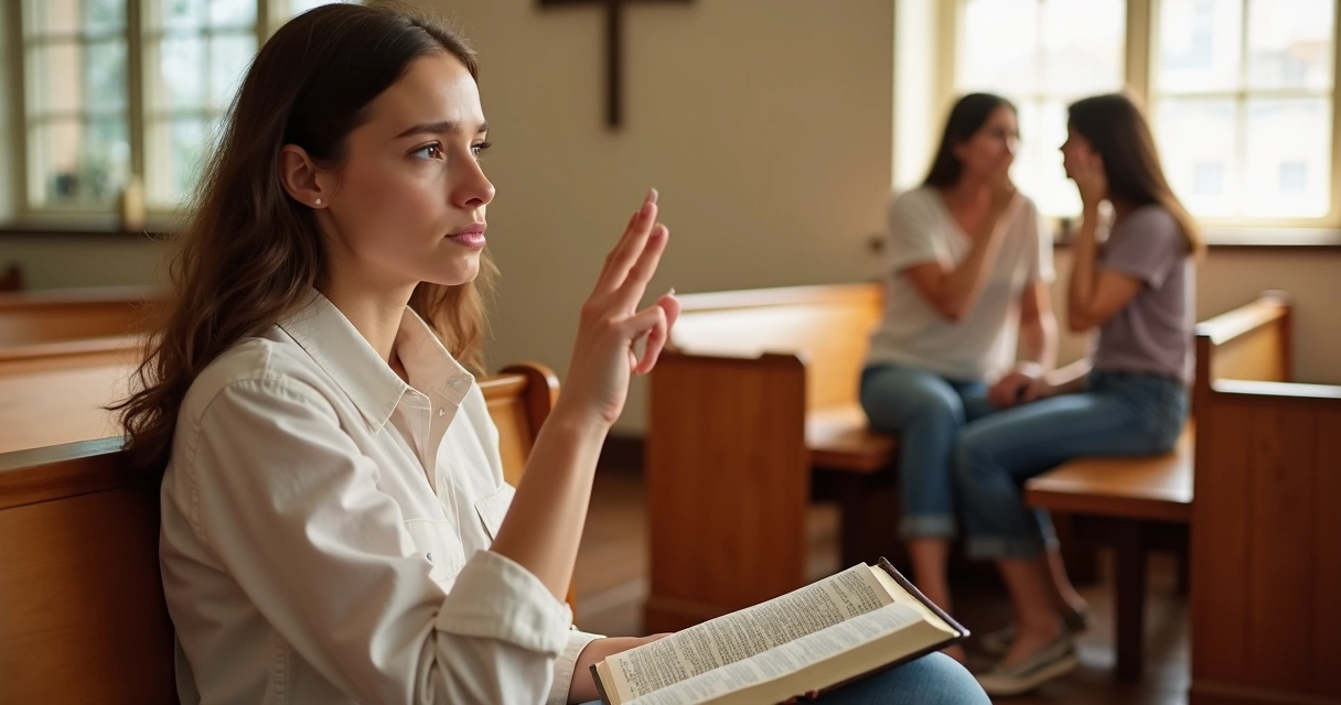 Mulher cristã séria ouvindo duas pessoas conversando na igreja 