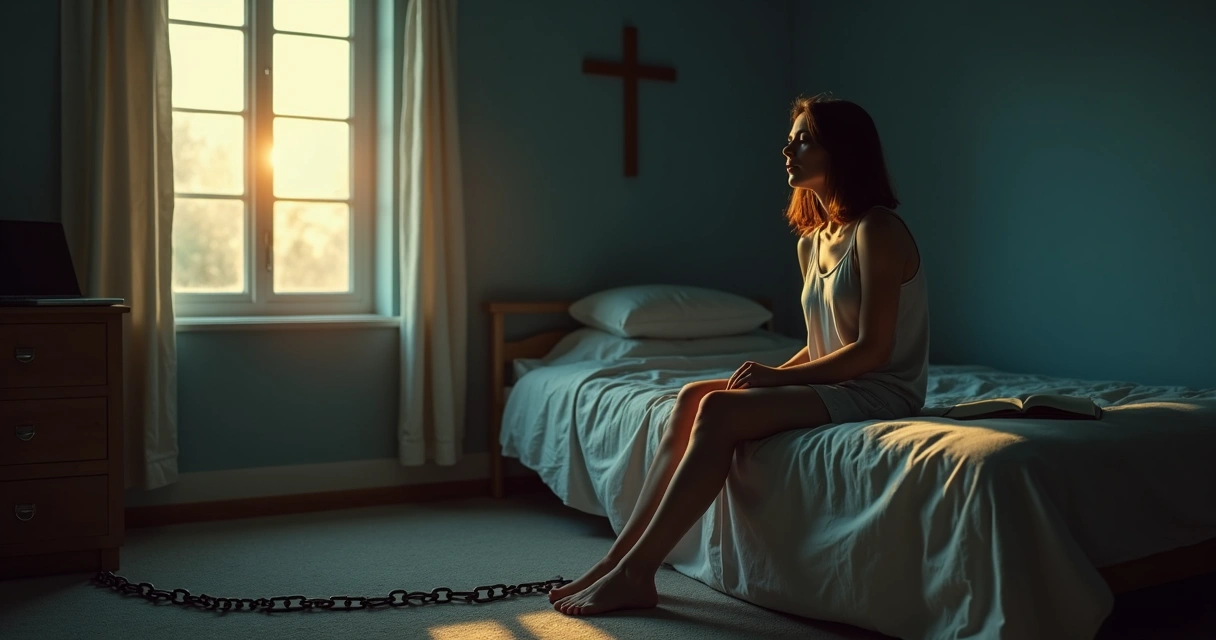Mulher cristã sentada em quarto escuro com corrente quebrada ao lado e luz cruzada entrando pela janela 
