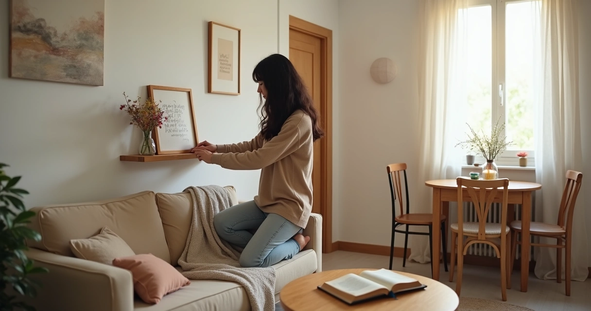 Mulher cristã organiza cantinho acolhedor com luz suave e flores em apartamento simples 