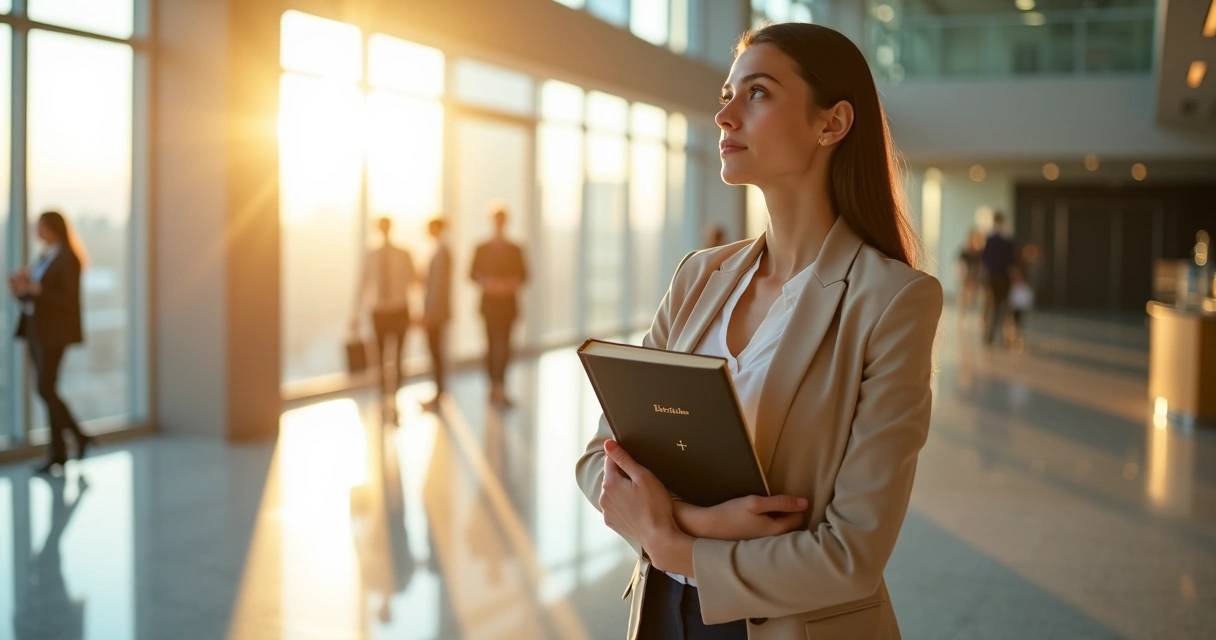 Mulher jovem em hall corporativo segurando currículo e Bíblia enquanto olha para horizonte iluminado 