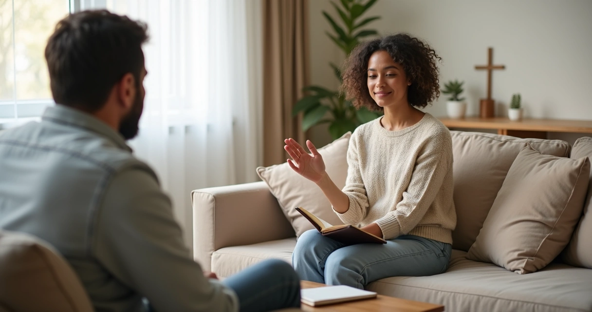 Mulher cristã calma fazendo gesto de limite com a mão em conversa 