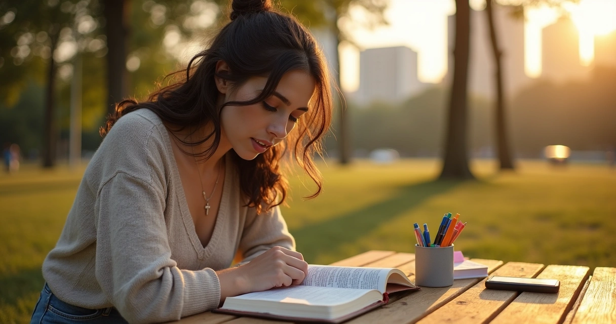 Mulher cristã adulta estudando a Bíblia aberta com anotações coloridas ao redor 