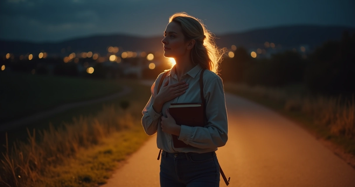 Mulher cristã andando à noite com luz ao redor em um caminho escuro 