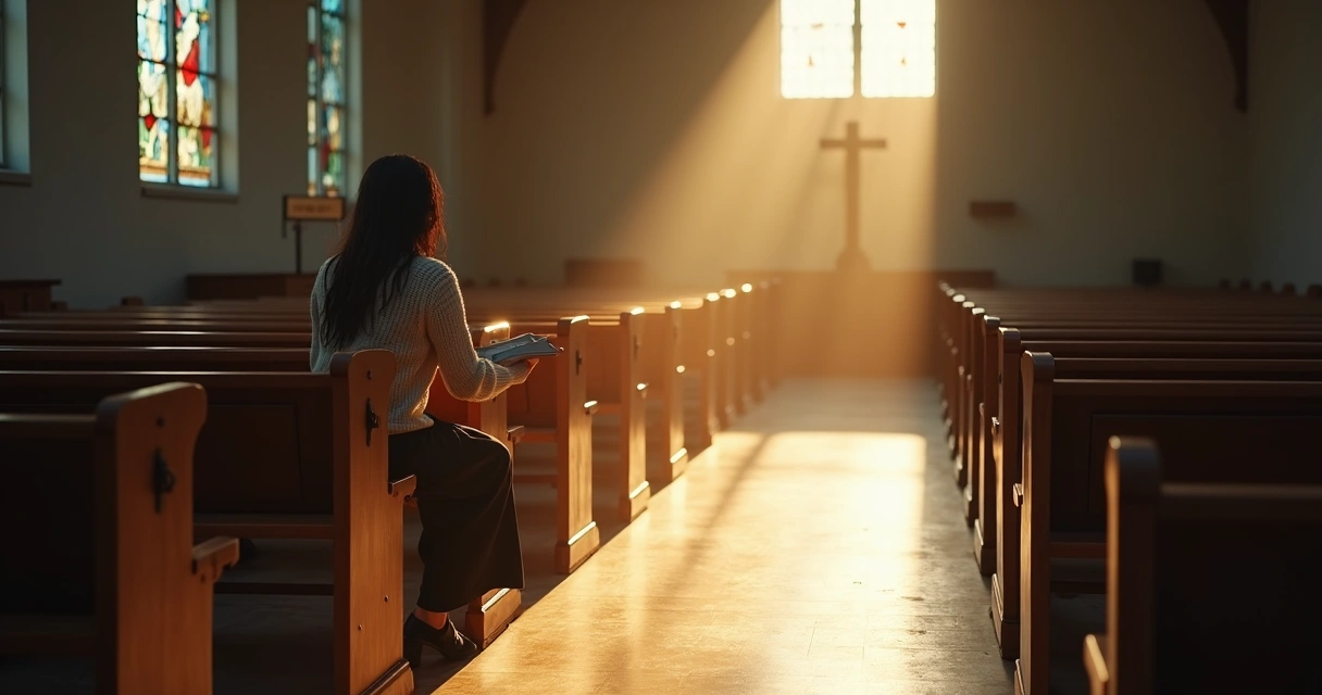Mulher cristã sentada em banco de igreja entre luz e sombra 