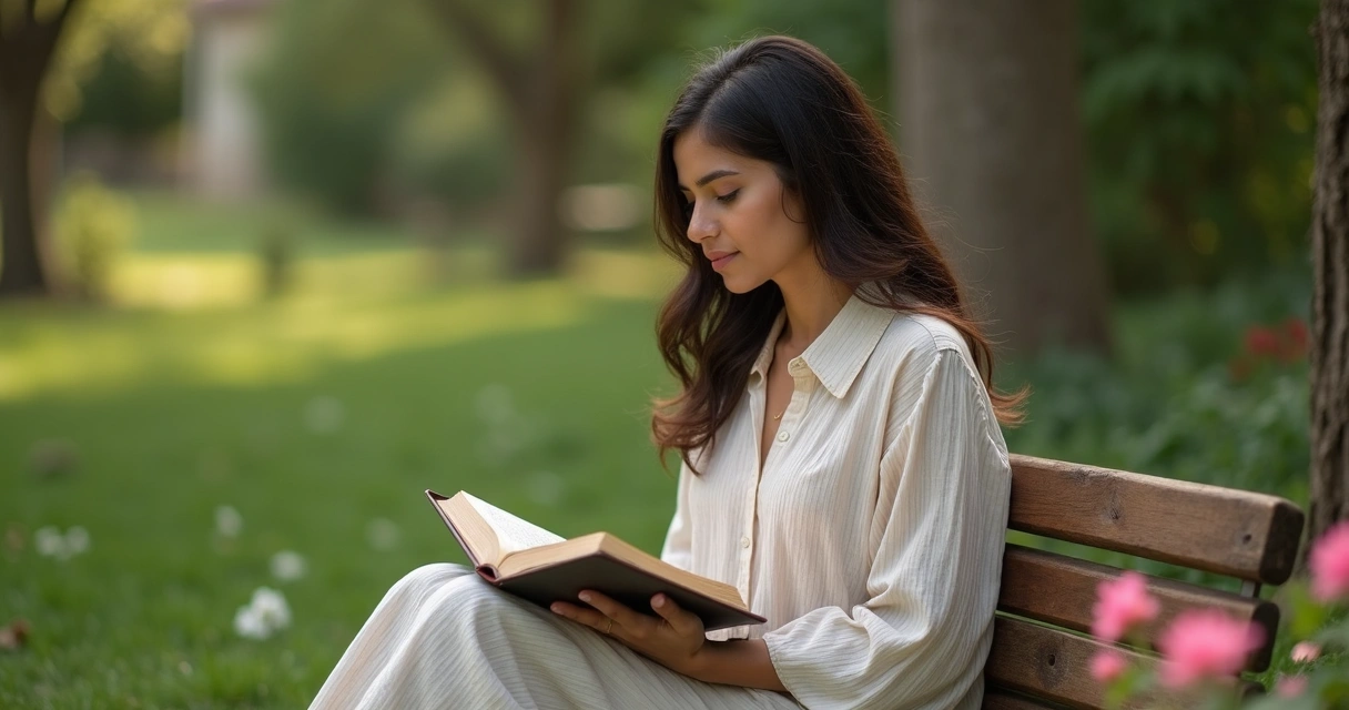 Mulher sentada em jardim com Bíblia nas mãos 
