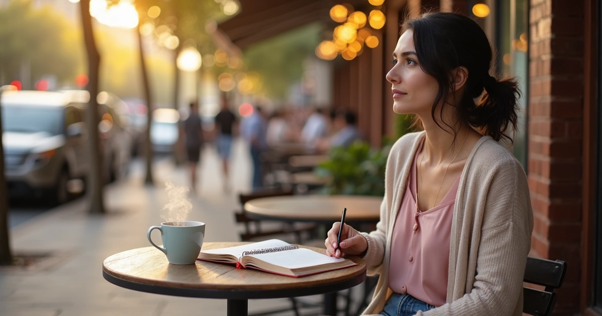Mulher cristã sentada em café ao ar livre olhando para horizonte com Bíblia e caderno na mesa 