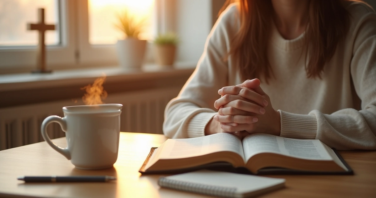 Mulher cristã agradecendo em oração com bíblia e xícara de café na mesa 