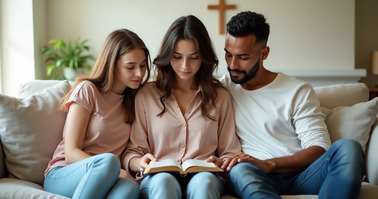 Mulher cristã orando com família reunida no sofá da sala 