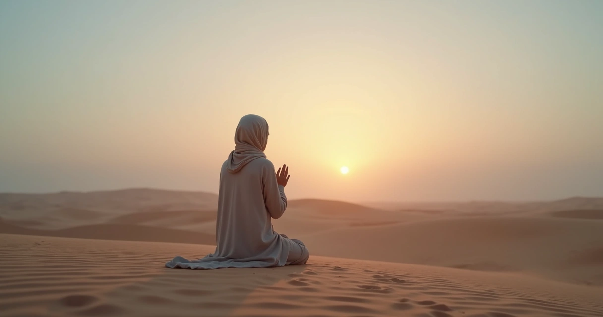 Mulher cristã orando sozinha em um deserto ao amanhecer 