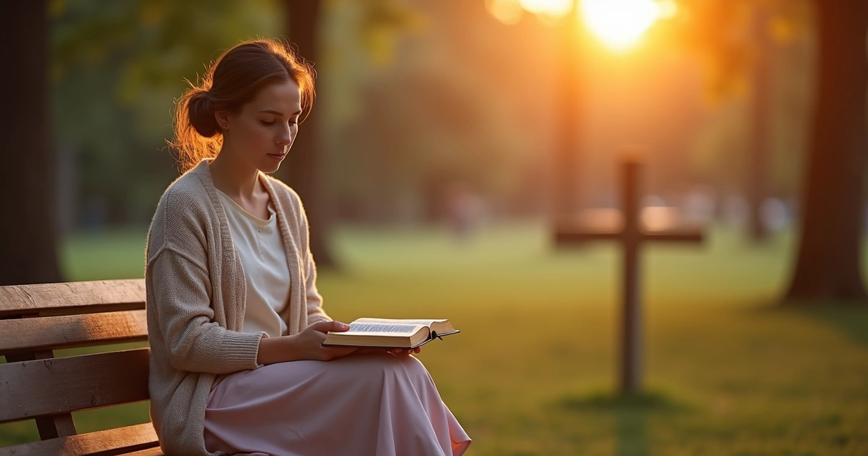 Mulher cristã orando sentada em banco de parque ao pôr do sol 