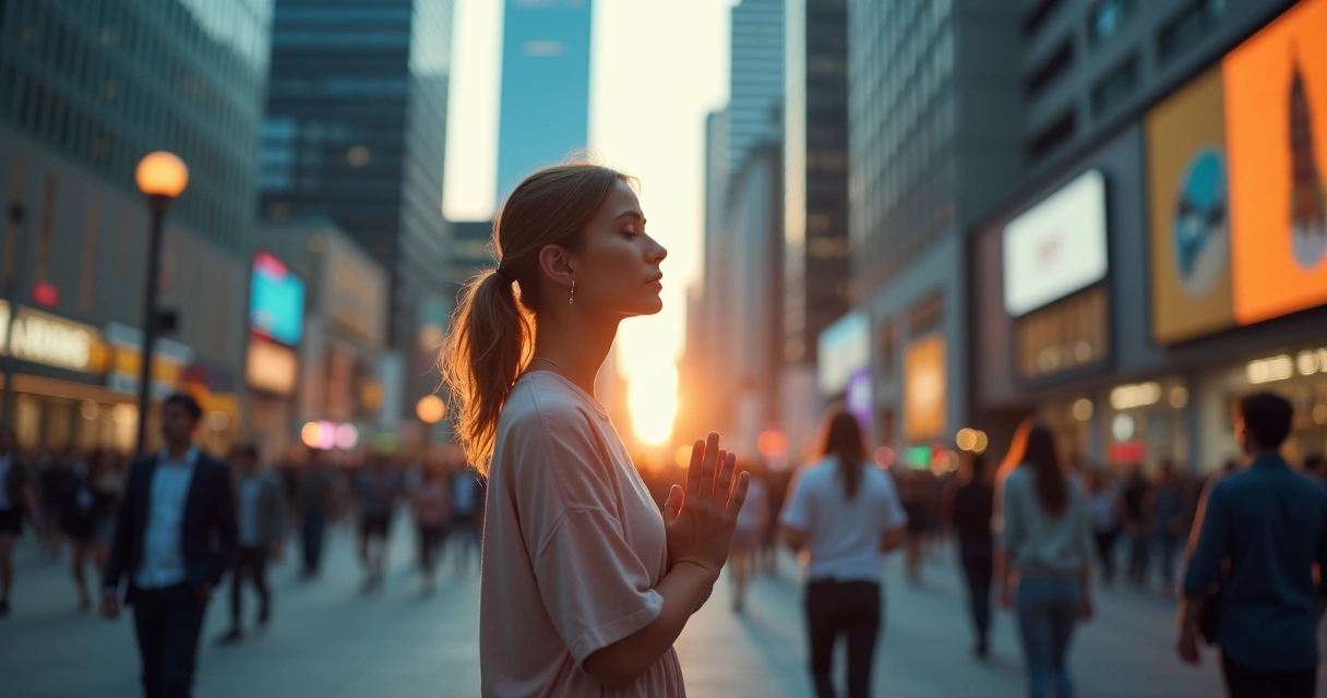 Mulher cristã orando em meio à cidade movimentada 