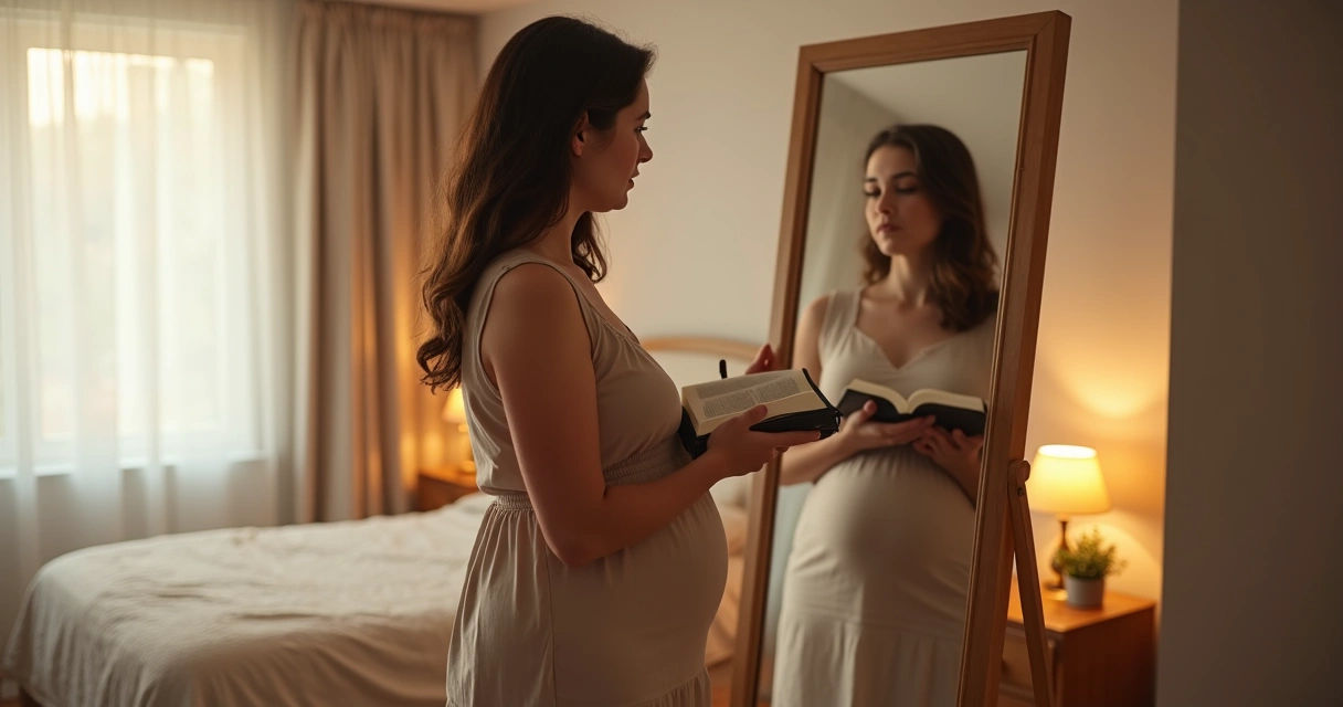Mulher cristã olhando seu reflexo no espelho com Bíblia nas mãos 