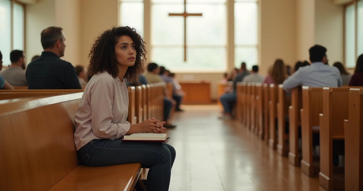 Mulher cristã solteira sentada sozinha em banco de igreja olhando para frente em reflexão 
