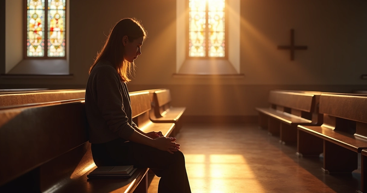 Mulher cristã sentada sozinha olhando para luz suave em ambiente de templo 