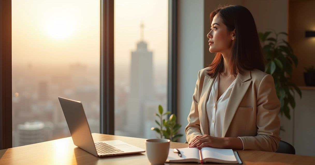 Mulher cristã em escritório olhando para janela com Bíblia e notebook na mesa 