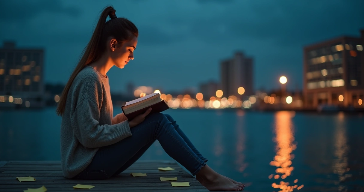 Mulher cristã sozinha em píer urbano à noite com luz ao redor da cabeça 