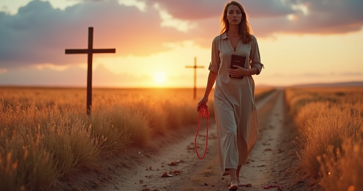Mulher cristã caminhando entre pedras ao amanhecer segurando um colar desbotado 