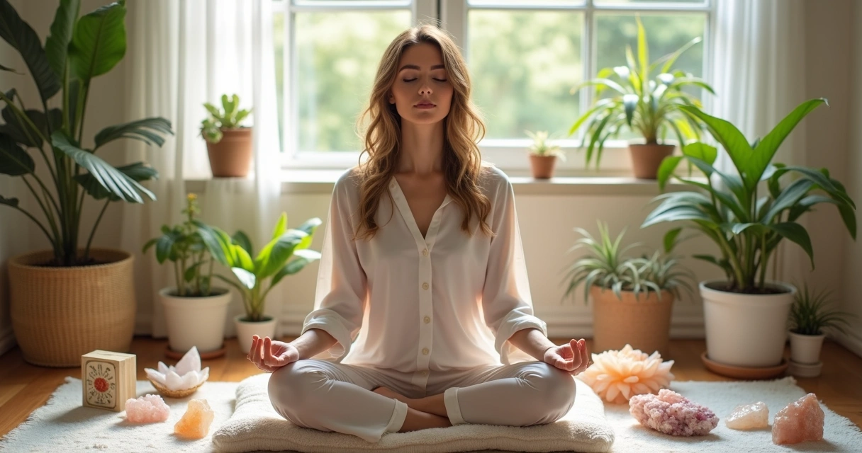 Mulher sentada em almofada rodeada de cristais e plantas com olhos fechados meditando