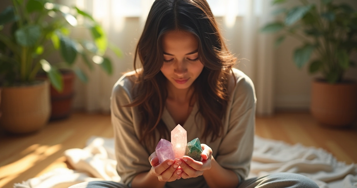 Mulher de olhos fechados segurando cristais na mão 