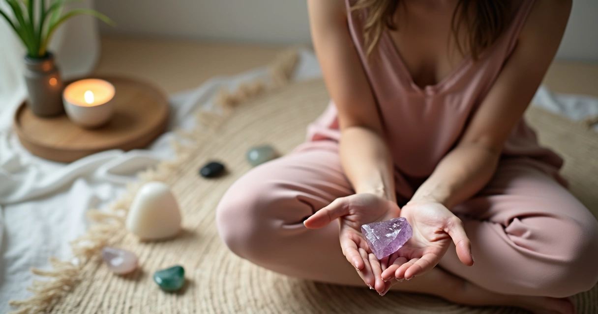 Mulher sentada relaxando com cristais nas mãos 